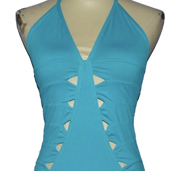 SEVENTH WONDERLAND SIZE 6 S SMALL BLUE TURQUOISE CUT OUTS 1 PC HALTER SWIMSUIT - Picture 3 of 6